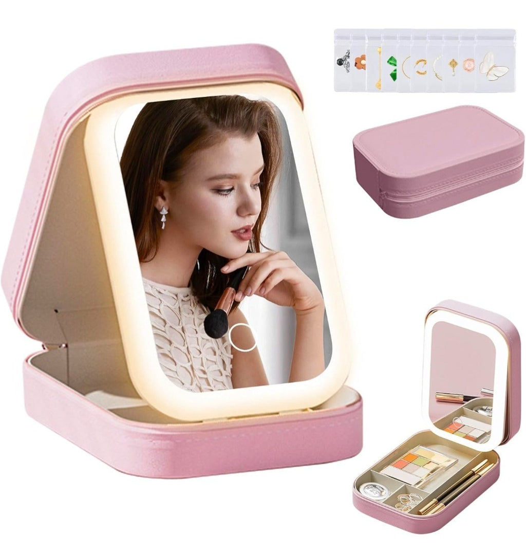 2-in-1 LED Makeup Mirror & Cosmetic Organizer – Travel Jewelry Storage ...